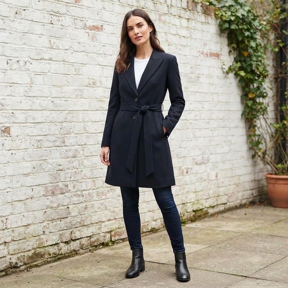 Belted Trench Coat Womens Medium Black Single Button Long Preppy Office Career